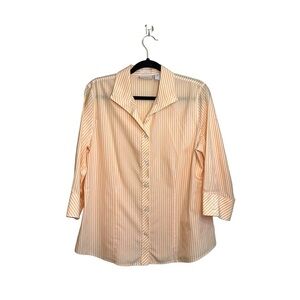 Chico’s No Iron 100% Cotton Neon Orange & White Striped Button Down Shirt Large